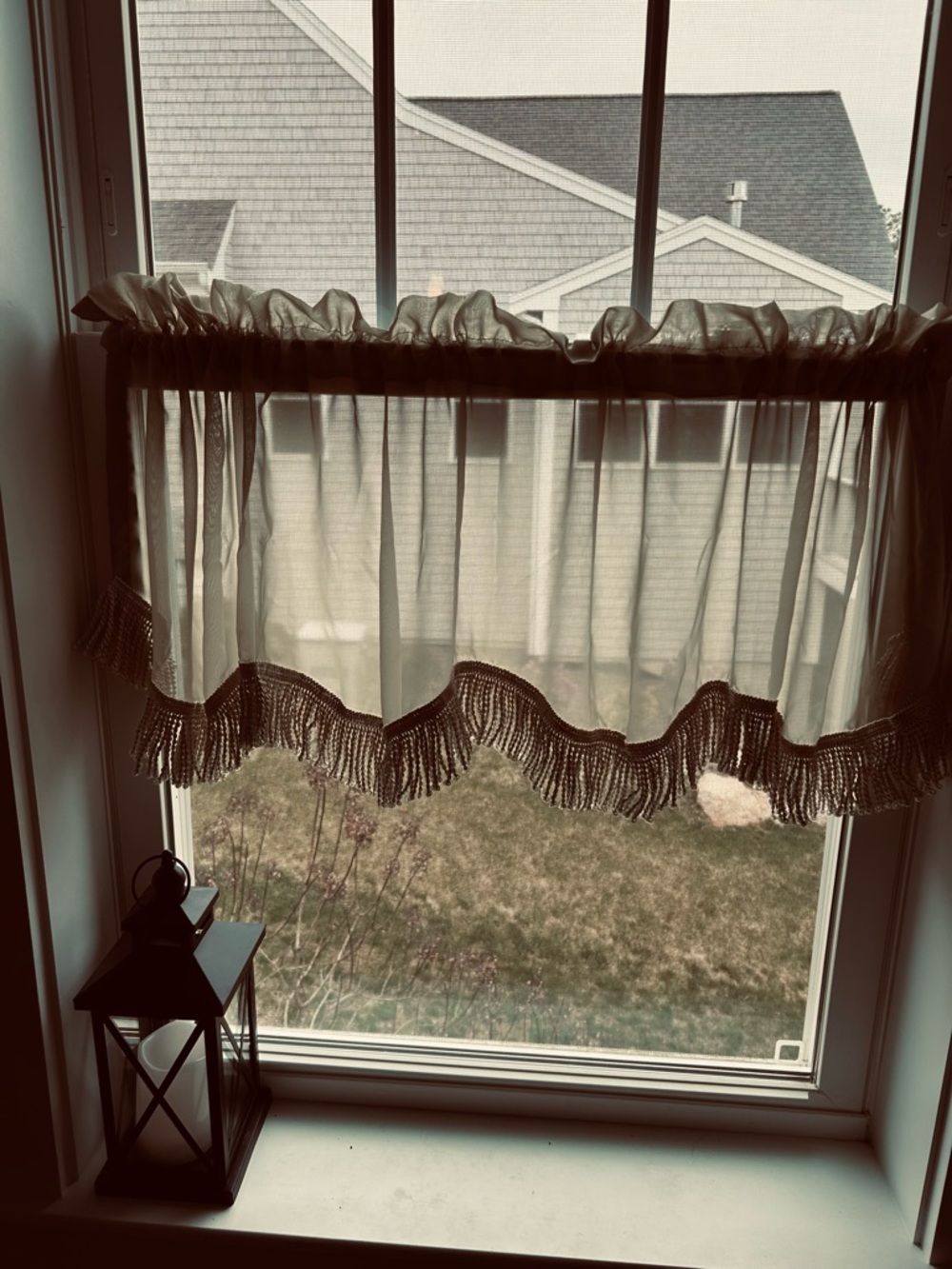 3 Sheer Cafe Curtain Valance with Fringe - olive green